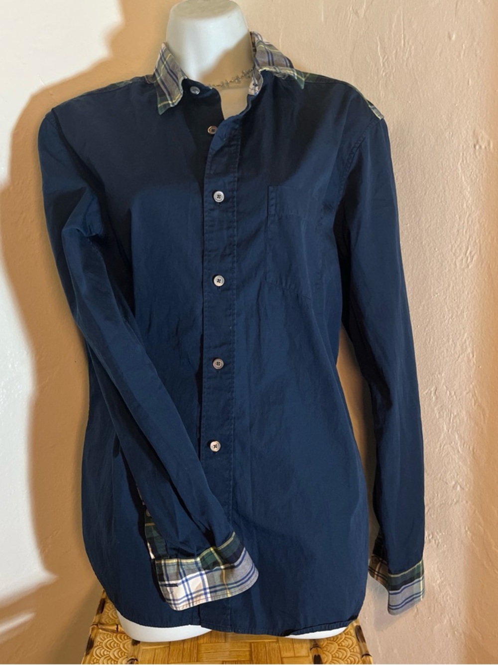 Burberry Navy Shirt with Plaid Collar Detail